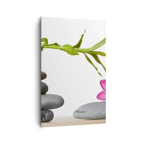 Bild auf Leinwand - Leinwandbild - Bambus und rosa Blume auf Steinen im Zen-Stil - 80x120cm - Farben des Lebens und der Dauer - Moderne Wanddekoration für Wohnzimmer und Schlafzimmer ARTTOR