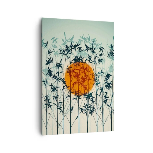 Bild auf Leinwand - Leinwandbild - Orange Sonne zwischen den Bambuszweigen - 70x100cm - Japanische Sonne - Moderne Wanddekoration für Wohnzimmer und Schlafzimmer ARTTOR