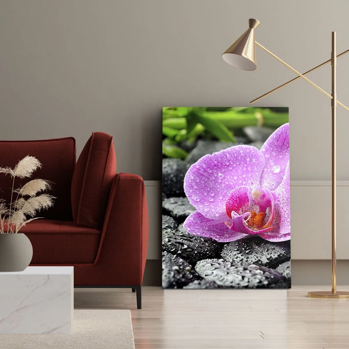 Bild auf Leinwand - Leinwandbild - Rosa Orchidee auf nassen schwarzen Steinen mit grünen Blättern - 50x70cm - Wie ein offenes Herz - Moderne Wanddekoration für Wohnzimmer und Schlafzimmer ARTTOR