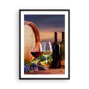Poster in einem schwarzem Rahmen - Flaschen und Gläser Wein vor der Kulisse eines Fasses und des Sonnenuntergangs - 50x70cm - Hier schmeckt das Leben - Moderne Wanddekoration für Wohnzimmer und Schlafzimmer ARTTOR