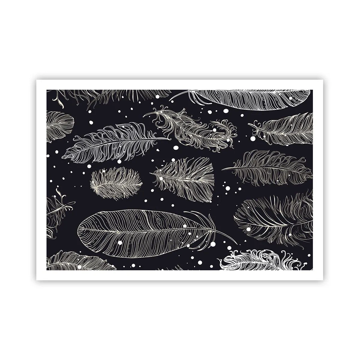 Poster - Zarte weiße Federn auf marineblauem Hintergrund - 100x70cm - Gefiederte Spitze - Moderne Wanddekoration für Wohnzimmer und Schlafzimmer ARTTOR