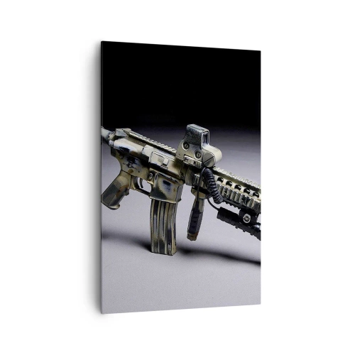 Bild auf Leinwand - Leinwandbild - Moderne Waffe in Tarnfarbe auf dunklem Hintergrund - 80x120cm - Immer bedrohlich - Moderne Wanddekoration für Wohnzimmer und Schlafzimmer ARTTOR