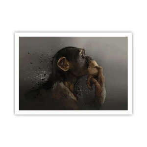 Poster - Porträt eines Affen in nachdenklicher Pose vor grauem Hintergrund - 100x70cm - Sicherlich ein Denker - Moderne Wanddekoration für Wohnzimmer und Schlafzimmer ARTTOR