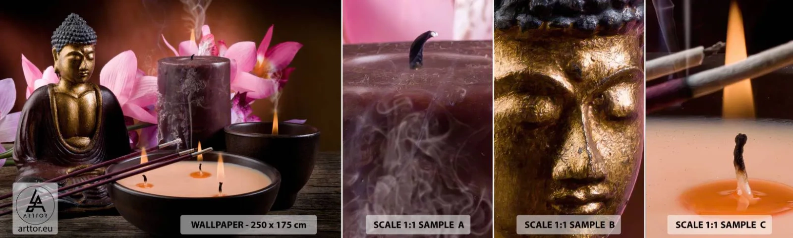 Fototapetenmuster Standard Eco - Den Geist frei machen, den Körper beruhigen - Buddha, Religion, Blumen - 100x30 cm