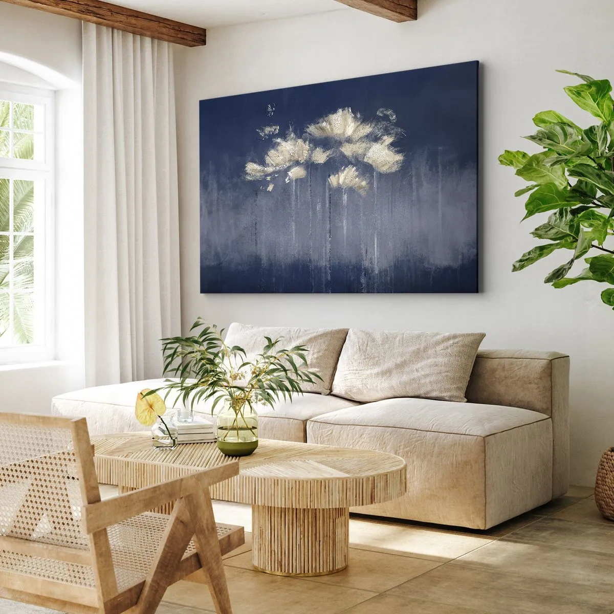 Bild auf Leinwand - Leinwandbild - Zarte Blüten auf blauem Hintergrund - 100x70cm - Wie Blütenblätter im Wind - Moderne Wanddekoration für Wohnzimmer und Schlafzimmer ARTTOR