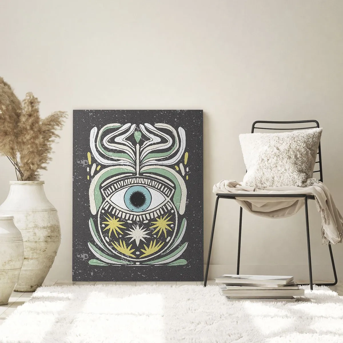 Glasbild - Bild auf glas - Grafisches Auge mit Stammesornamentik auf dunklem Hintergrund - 50x70cm - Stammesrituale - Moderne Wanddekoration für Wohnzimmer und Schlafzimmer ARTTOR