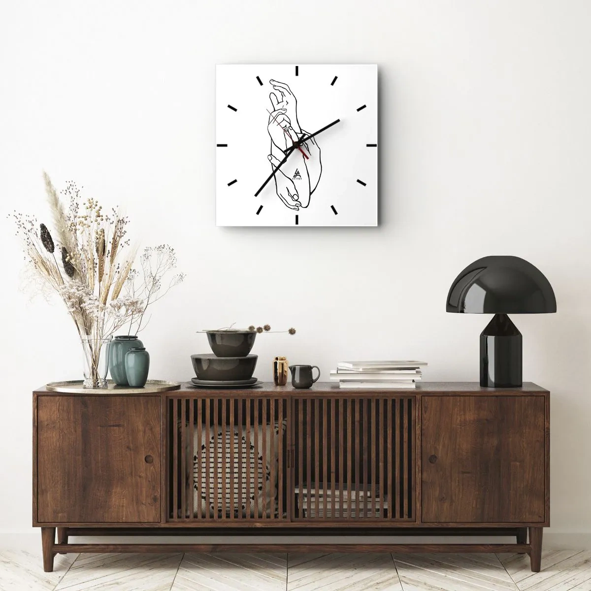 Wanduhr - Glasuhr - Eine minimalistische Skizze von Händen, die in einer zarten Geste gefaltet sind. - 30x30cm - Gute Geste - Moderne Wanddekoration für Wohnzimmer und Schlafzimmer ARTTOR