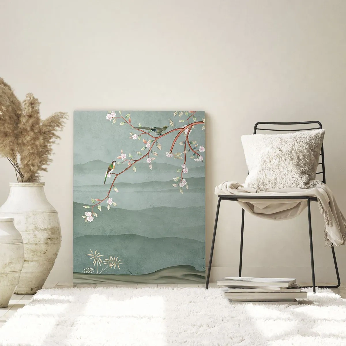 Glasbild - Bild auf glas - Ein malerisches Bild eines blühenden Baumzweigs mit Vögeln vor dem Hintergrund grüner Hügel. - 80x120cm - Frühling, oh, du bist es - Moderne Wanddekoration für Wohnzimmer und Schlafzimmer ARTTOR