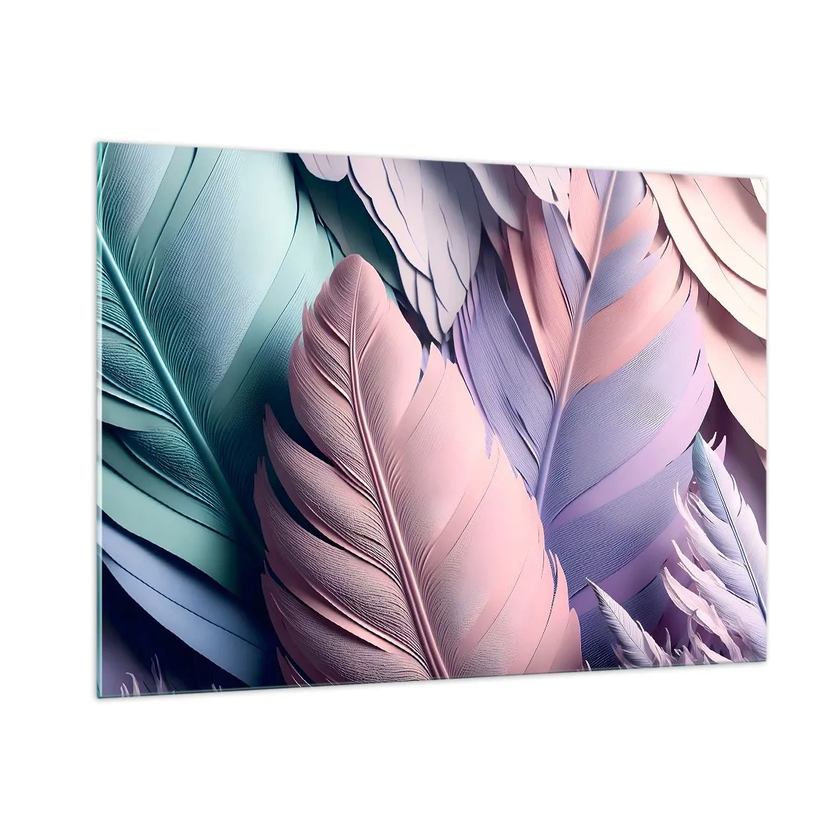Glasbild - Bild auf glas - Pastellfarbene Federn in Rosa-, Lila- und Türkistönen - 100x70cm - Vogel-Chic - Moderne Wanddekoration für Wohnzimmer und Schlafzimmer ARTTOR