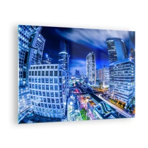 Glasbild - Bild auf glas - Panorama einer modernen Stadt bei Nacht mit hellen Lichtern - 70x50cm - Rhythmen der Nachtstadt - Moderne Wanddekoration für Wohnzimmer und Schlafzimmer ARTTOR