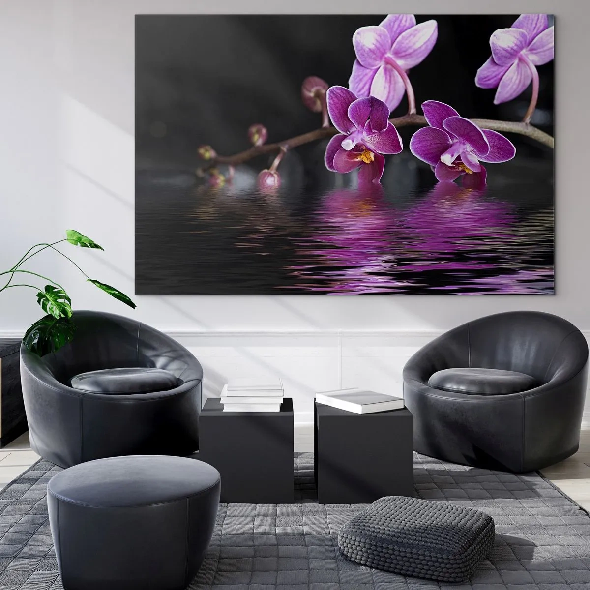 Glasbild - Bild auf glas - Lila Orchideen spiegeln sich im Wasser - 70x50cm - Lila Spiegelbild der Schönheit - Moderne Wanddekoration für Wohnzimmer und Schlafzimmer ARTTOR