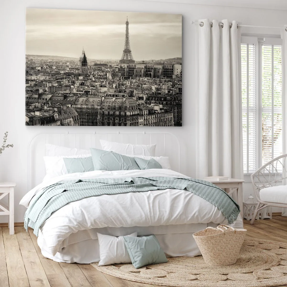 Bild auf Leinwand - Leinwandbild - Panorama von Paris mit dem Eiffelturm in Sepiatönen - 70x50cm - Über den Dächern von Paris - Moderne Wanddekoration für Wohnzimmer und Schlafzimmer ARTTOR