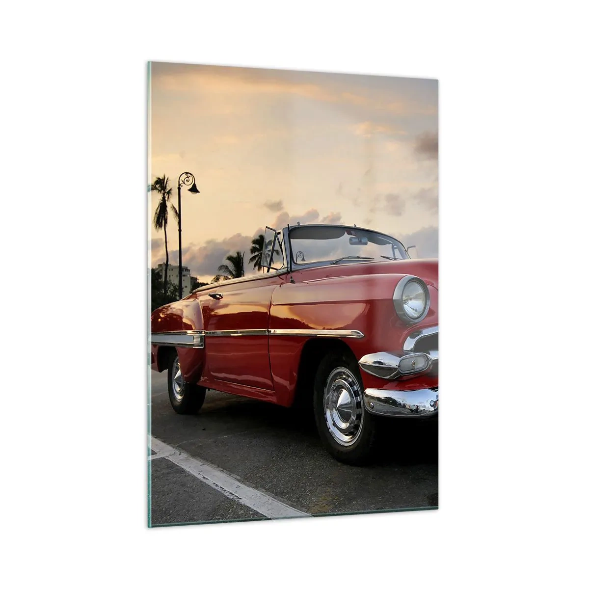 Glasbild - Bild auf glas - Ein rotes klassisches Cabrio vor dem Hintergrund eines Sonnenuntergangs - 50x70cm - Die rote Hitze der Tropen - Moderne Wanddekoration für Wohnzimmer und Schlafzimmer ARTTOR