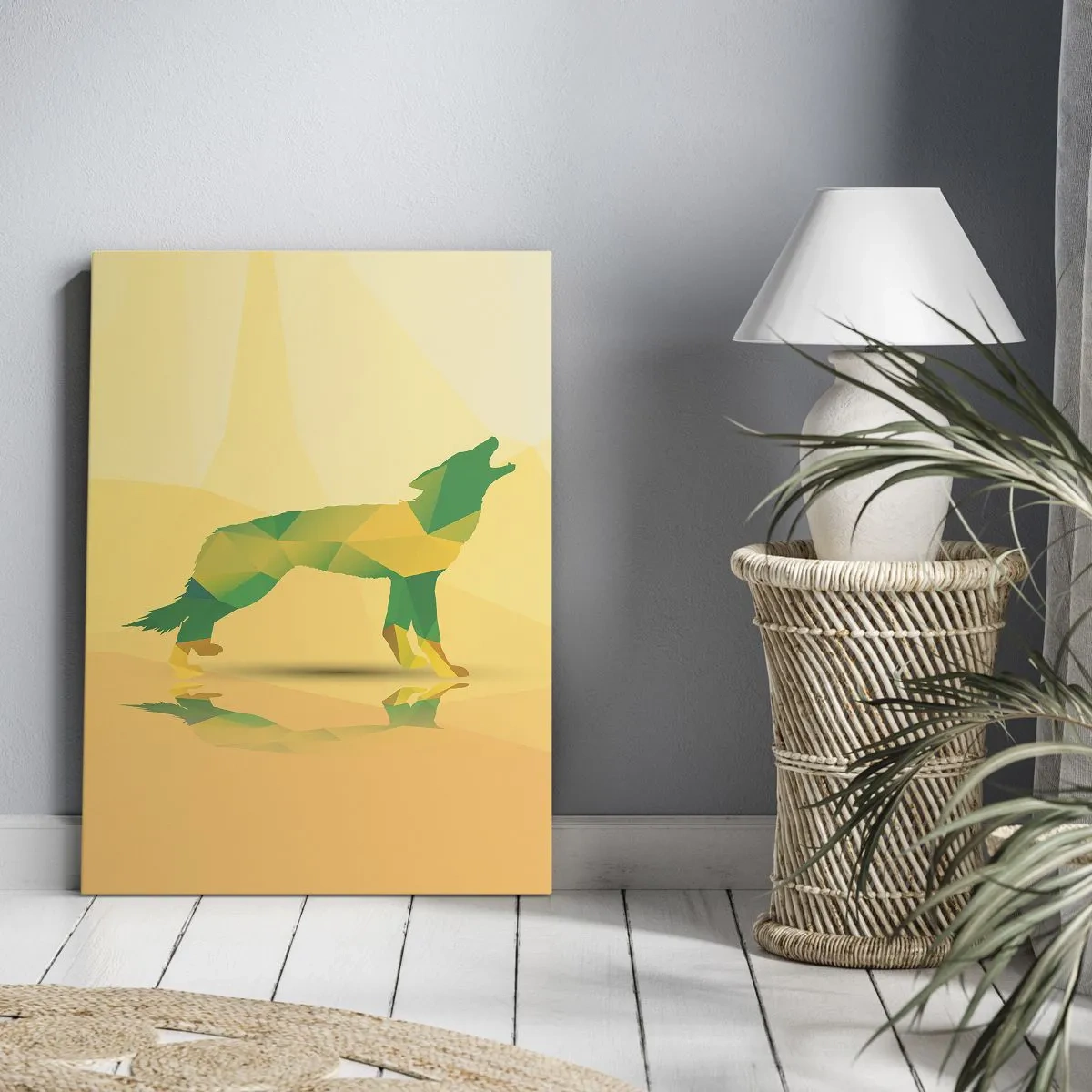 Bild auf Leinwand - Leinwandbild - Geometrische Wolfssilhouette in Grün- und Gelbtönen - 80x120cm - Ein einsamer Wolf - Moderne Wanddekoration für Wohnzimmer und Schlafzimmer ARTTOR