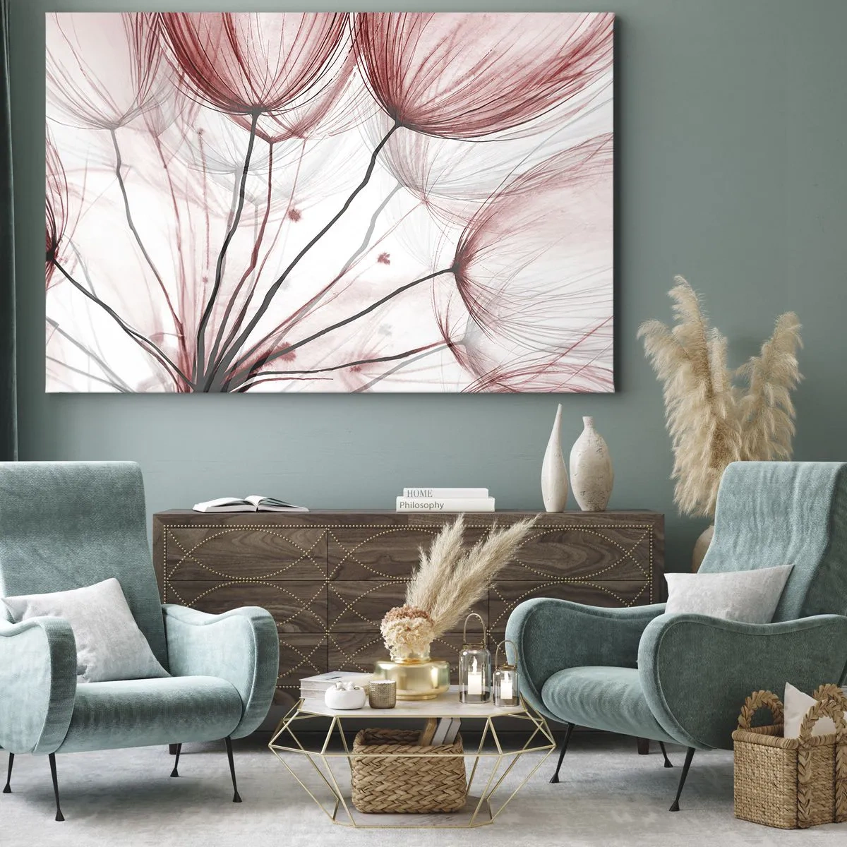 Bild auf Leinwand - Leinwandbild - Zarte Blüten in Rottönen auf hellem Untergrund - 70x50cm - Vor der Abfahrt - Moderne Wanddekoration für Wohnzimmer und Schlafzimmer ARTTOR