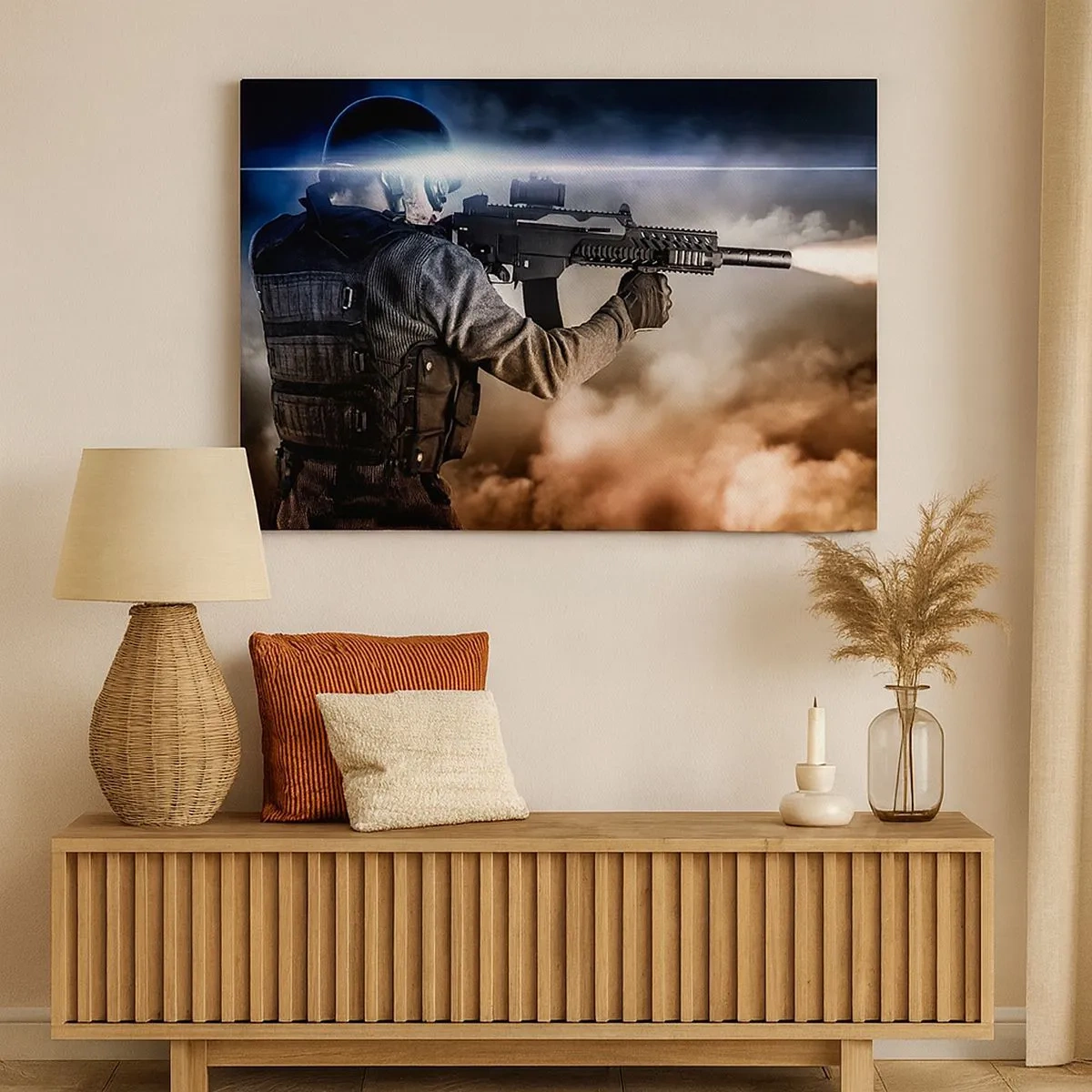 Bild auf Leinwand - Leinwandbild - Ein Soldat im Einsatz mit einem Gewehr vor einem Hintergrund aus Wolken und Licht. - 70x50cm - Nur ein Held - Moderne Wanddekoration für Wohnzimmer und Schlafzimmer ARTTOR