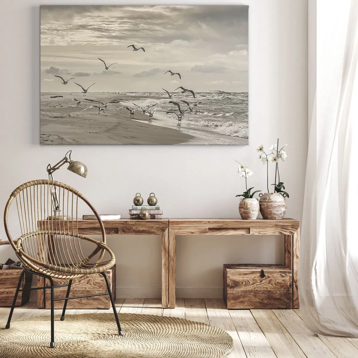 Bild auf Leinwand - Leinwandbild - Eine Möwe im Flug über einer Küstenlandschaft - 70x50cm - Meeresrauschen, Vogelgesang - Moderne Wanddekoration für Wohnzimmer und Schlafzimmer ARTTOR