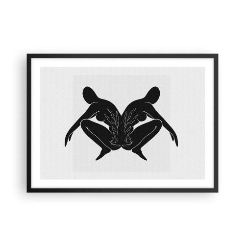 Poster in einem schwarzem Rahmen - Schwarze Silhouetten in symmetrischer Position auf weißem Hintergrund - 70x50cm - Gemeinsame Seele - Moderne Wanddekoration für Wohnzimmer und Schlafzimmer ARTTOR
