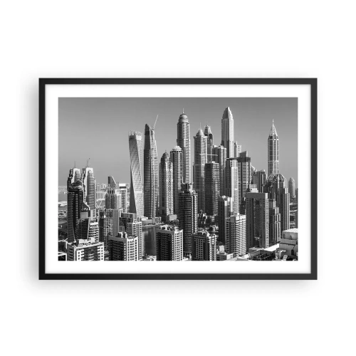 Poster in einem schwarzem Rahmen - Panorama moderner Wolkenkratzer in monochromen Tönen - 70x50cm - Stadt in der Wüste - Moderne Wanddekoration für Wohnzimmer und Schlafzimmer ARTTOR
