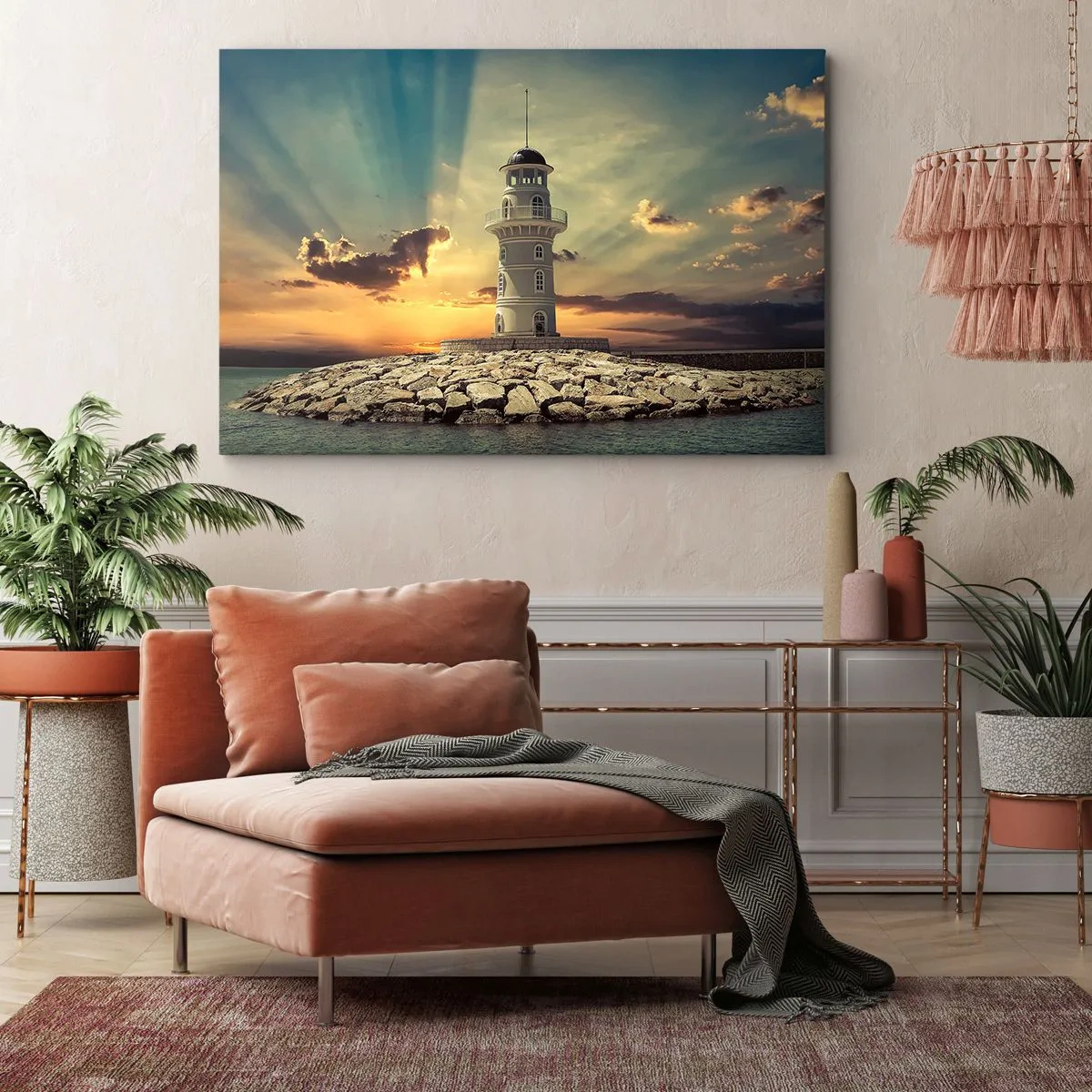 Bild auf Leinwand - Leinwandbild - Ein Leuchtturm bei Sonnenuntergang gegen den Himmel - 120x80cm - Licht - Gut - Schönheit - Moderne Wanddekoration für Wohnzimmer und Schlafzimmer ARTTOR