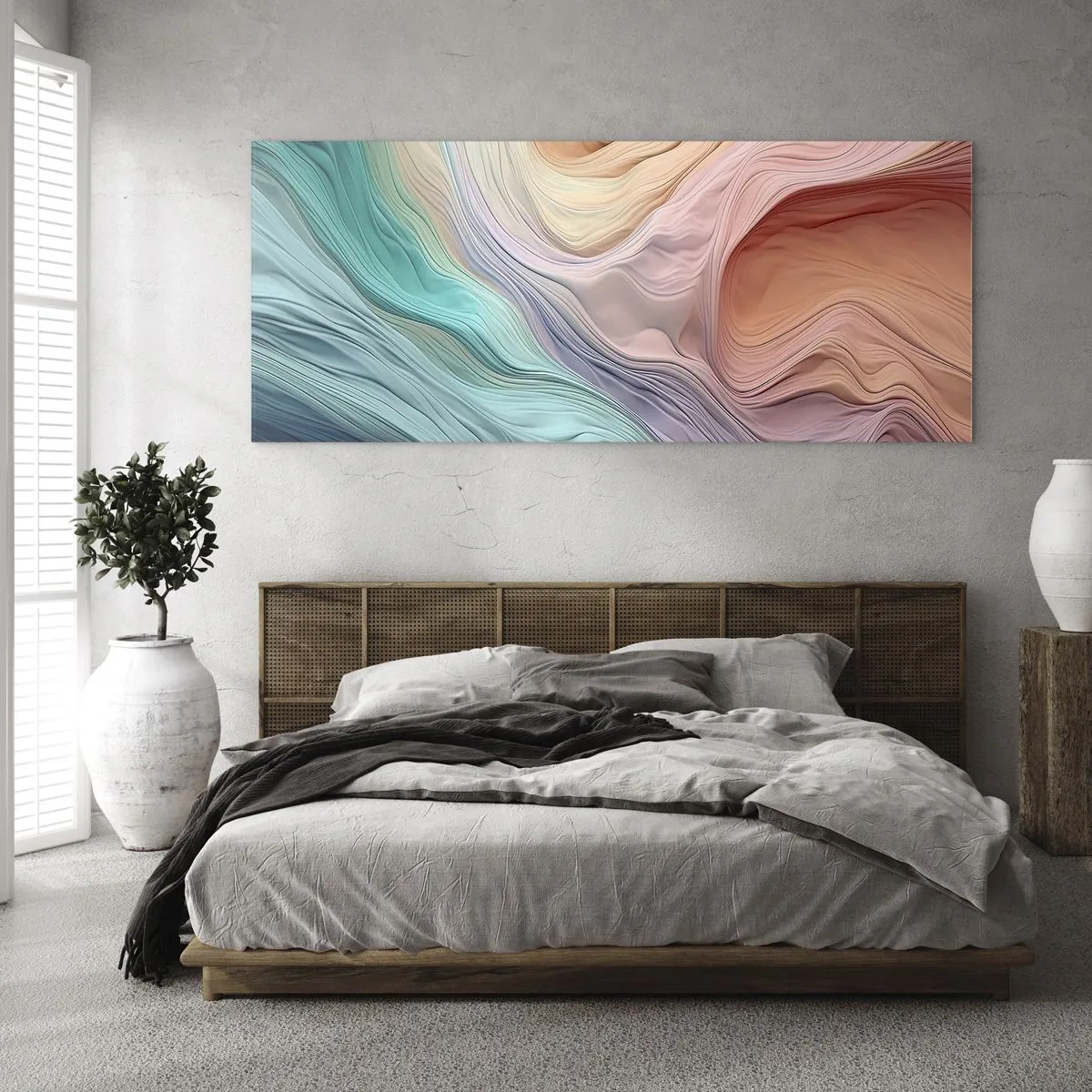 Glasbild - Bild auf glas - Abstrakte Wellen in Pastell- und Regenbogenfarben - 160x50cm - Regenbogenwelle - Moderne Wanddekoration für Wohnzimmer und Schlafzimmer ARTTOR