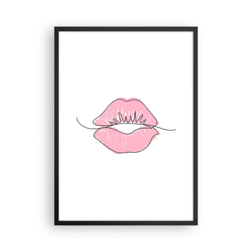 Poster in einem schwarzem Rahmen - Minimalistische Illustration von rosa Lippen auf weißem Hintergrund - 50x70cm - Bereit zum Küssen? - Moderne Wanddekoration für Wohnzimmer und Schlafzimmer ARTTOR