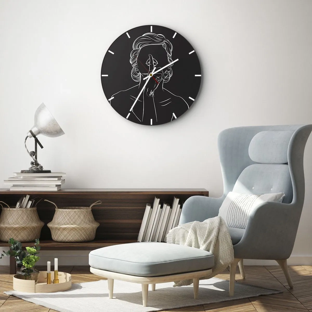 Wanduhr - Glasuhr - Der weiße Umriss einer Frau mit dem Finger vor dem Mund auf schwarzem Hintergrund. - 30x30cm - Schönheit erblüht in der Stille - Moderne Wanddekoration für Wohnzimmer, Küche und Schlafzimmer ARTTOR
