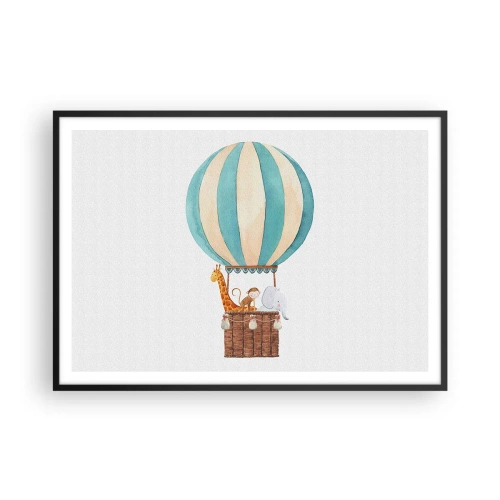 Poster in einem schwarzem Rahmen - Ein Ballon mit süßen Tieren in Pastellfarben - 100x70cm - Fantastische Reise - Moderne Wanddekoration für Wohnzimmer und Schlafzimmer ARTTOR