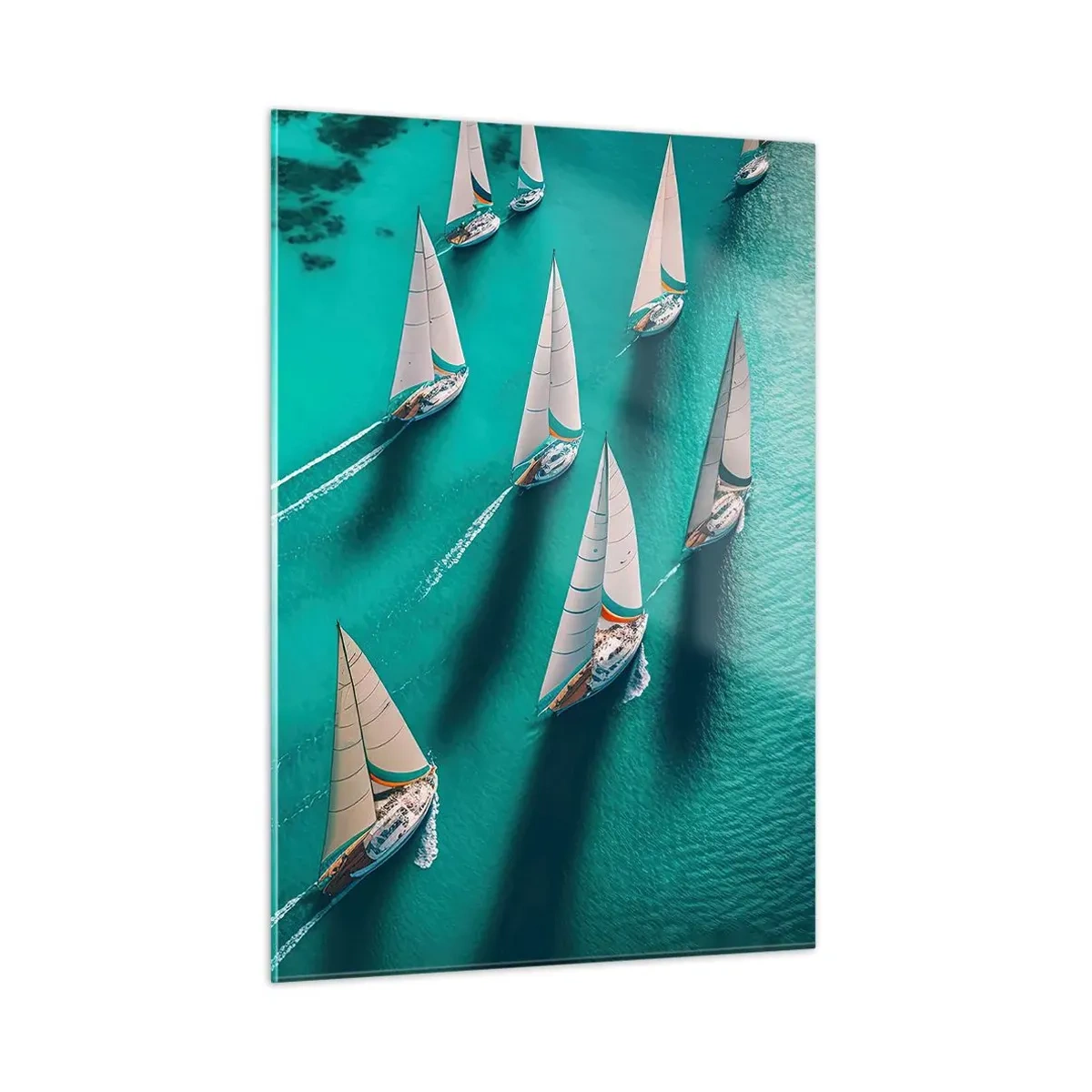 Glasbild - Bild auf glas - Segelboote auf türkisfarbenem Wasser aus der Vogelperspektive aufgenommen - 50x70cm - Im Wettbewerb mit dem Wind - Moderne Wanddekoration für Wohnzimmer und Schlafzimmer ARTTOR
