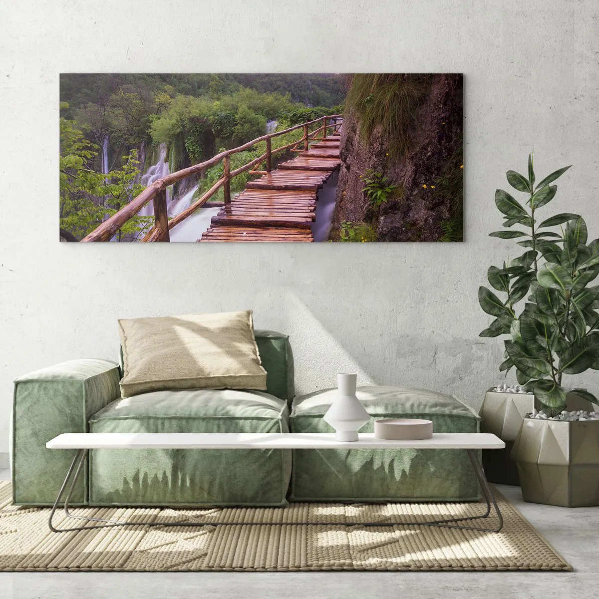 Glasbild - Bild auf glas - Eine Brücke mit Blick auf die Wasserfälle bei Sonnenuntergang - 160x50cm - Schönheit jenseits des Glaubens - Moderne Wanddekoration für Wohnzimmer und Schlafzimmer ARTTOR