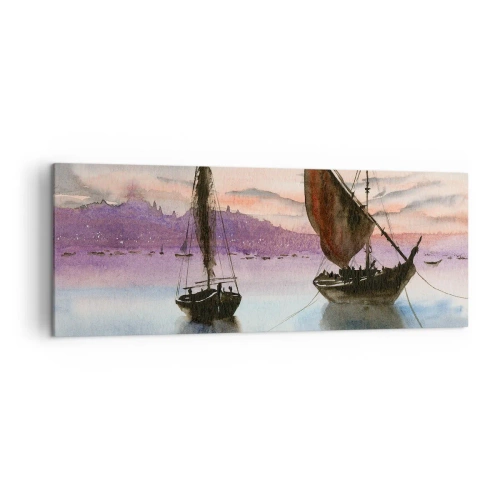 Bild auf Leinwand - Leinwandbild - Zwei Segelschiffe liegen in der Abenddämmerung auf ruhigem Wasser vor Anker - 140x50cm - Abend am Hafen - Moderne Wanddekoration für Wohnzimmer und Schlafzimmer ARTTOR