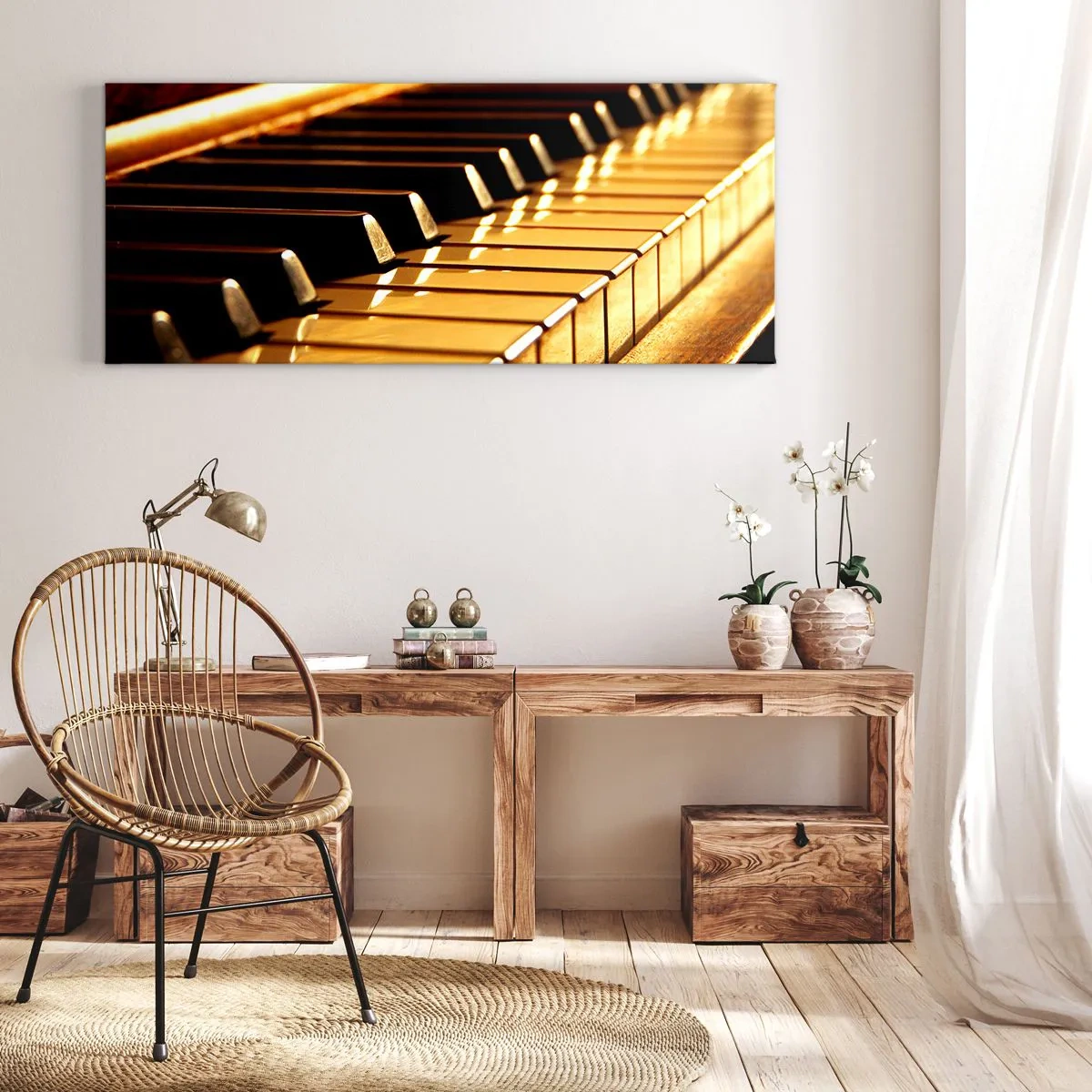 Bild auf Leinwand - Leinwandbild - Klaviertastatur in goldener Beleuchtung - 120x50cm - Endlose Möglichkeiten - Moderne Wanddekoration für Wohnzimmer und Schlafzimmer ARTTOR