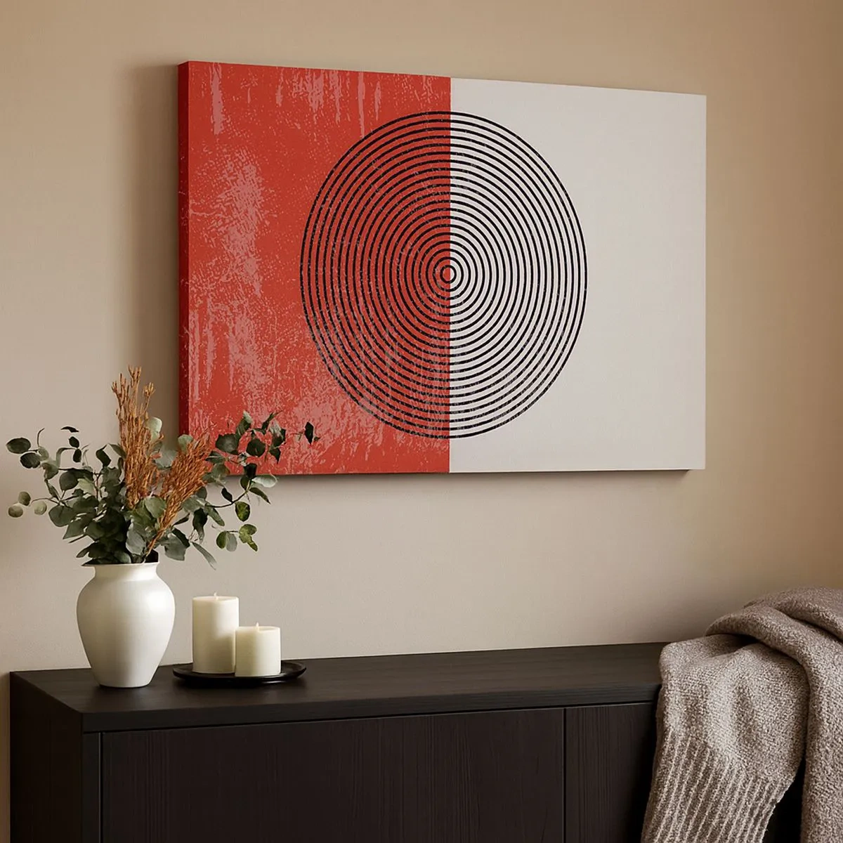 Bild auf Leinwand - Leinwandbild - Geometrisches Muster mit konzentrischen Kreisen auf rot-weißem Hintergrund - 70x50cm - Auf den Punkt gebracht - Moderne Wanddekoration für Wohnzimmer und Schlafzimmer ARTTOR