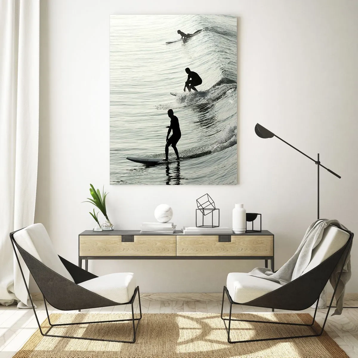 Glasbild - Bild auf glas - Drei Surfer reiten morgens auf den Wellen - 50x70cm - Gegen die Welle - Moderne Wanddekoration für Wohnzimmer und Schlafzimmer ARTTOR