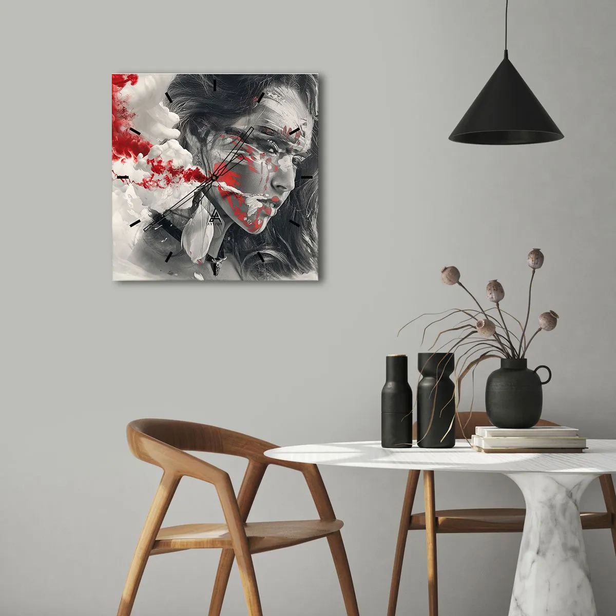 Wanduhr - Glasuhr - Künstlerisches Frauenportrait mit abstrakten roten Akzenten - 30x30cm - Im Dunst der Absurdität - Moderne Wanddekoration für Wohnzimmer und Schlafzimmer ARTTOR