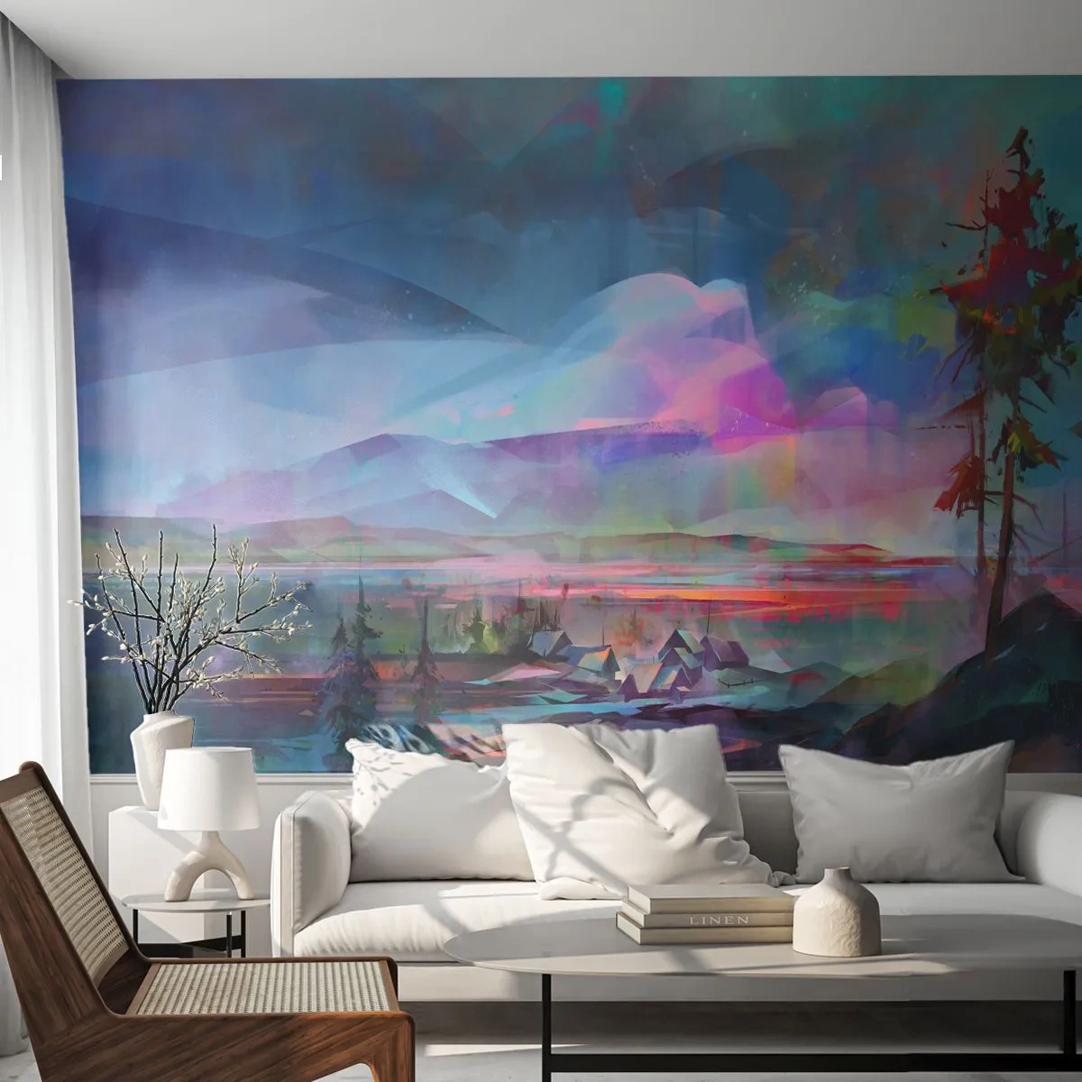 Fototapete Premium Sand - Abstrakte Berglandschaft in Pastellfarben - 100x70cm - Unter einem wohlwollenden Himmel - Moderne Wanddekoration für Wohnzimmer und Schlafzimmer ARTTOR