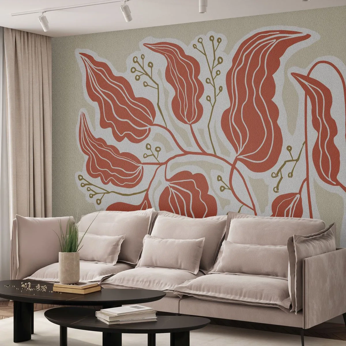 Fototapete Premium Canvas - Ein minimalistisches Blattmotiv in Orange- und Grüntönen. - 100x70cm - Im Folkstil und korallenartig - Moderne Wanddekoration für Wohnzimmer und Schlafzimmer ARTTOR