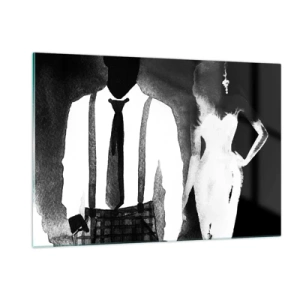 Glasbild - Bild auf glas - Schwarz-weiße Silhouette eines eleganten Noir-Paares - 120x80cm - In Noir-Atmosphäre - Moderne Wanddekoration für Wohnzimmer und Schlafzimmer ARTTOR