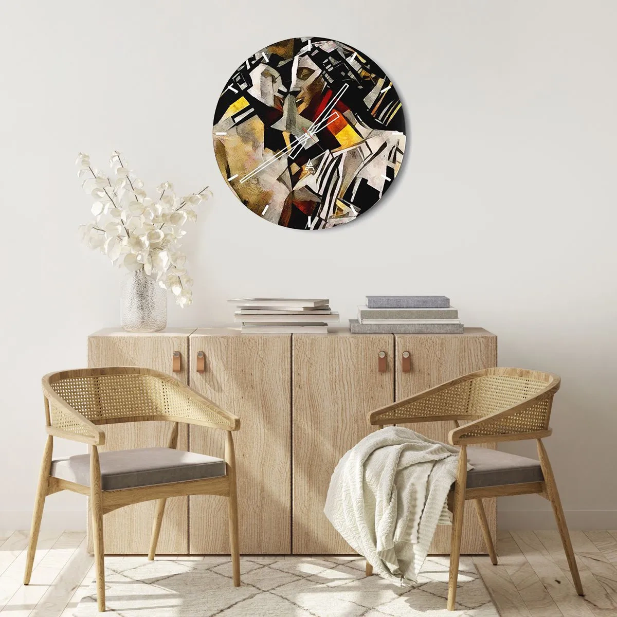 Wanduhr - Glasuhr - Kubistische Darstellung zweier Figuren in abstrakten Formen - 30x30cm - Ein statuenhafter Kuss - Moderne Wanddekoration für Wohnzimmer, Küche und Schlafzimmer ARTTOR