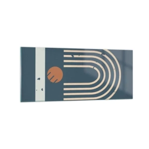 Glasbild - Bild auf glas - Geometrisches Muster in Marineblau-, Beige- und Orangetönen auf dunklem Hintergrund - 120x50cm - Geometrie auf dem Granatapfel - Moderne Wanddekoration für Wohnzimmer und Schlafzimmer ARTTOR