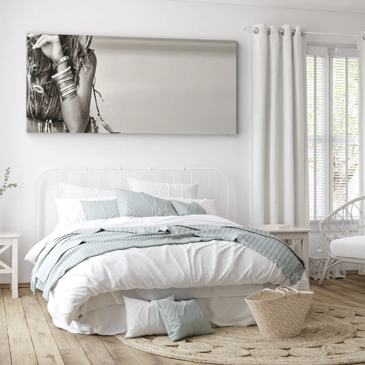 Bild auf Leinwand - Leinwandbild - Porträt einer Boho-Frau mit Schmuck - 140x50cm - Wieso ein Mädchen - Moderne Wanddekoration für Wohnzimmer und Schlafzimmer ARTTOR