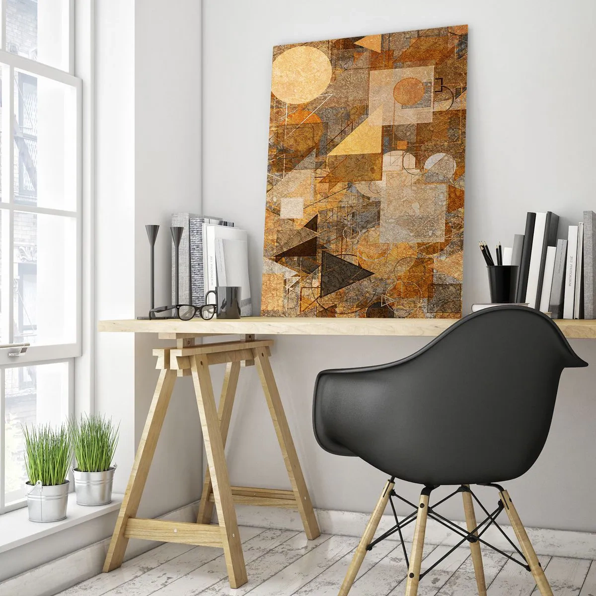 Glasbild - Bild auf glas - Abstrakte geometrische Figuren in warmen Farbtönen - 80x120cm - Eine kubistische Studie aus Bronze - Moderne Wanddekoration für Wohnzimmer und Schlafzimmer ARTTOR