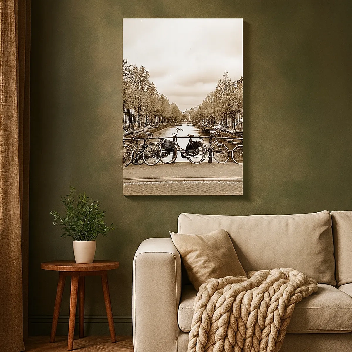 Bild auf Leinwand - Leinwandbild - Fahrradbrücke über den Kanal in Sepia - 50x70cm - Niederländische Atmosphäre - Moderne Wanddekoration für Wohnzimmer und Schlafzimmer ARTTOR