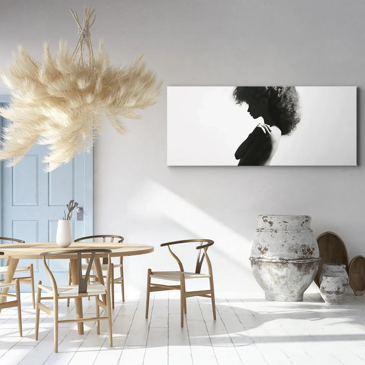 Bild auf Leinwand - Leinwandbild - Eine subtile Silhouette einer Frau in Schwarz-Weiß-Tönen auf hellem Hintergrund - 140x50cm - Wie eine Blume auf einem schlanken Stiel - Moderne Wanddekoration für Wohnzimmer und Schlafzimmer ARTTOR
