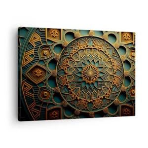 Bild auf Leinwand - Leinwandbild - Ein goldenes Mandala auf türkisfarbenem Hintergrund mit vielen Details. - 70x50cm - In arabischer Atmosphäre - Moderne Wanddekoration für Wohnzimmer und Schlafzimmer ARTTOR
