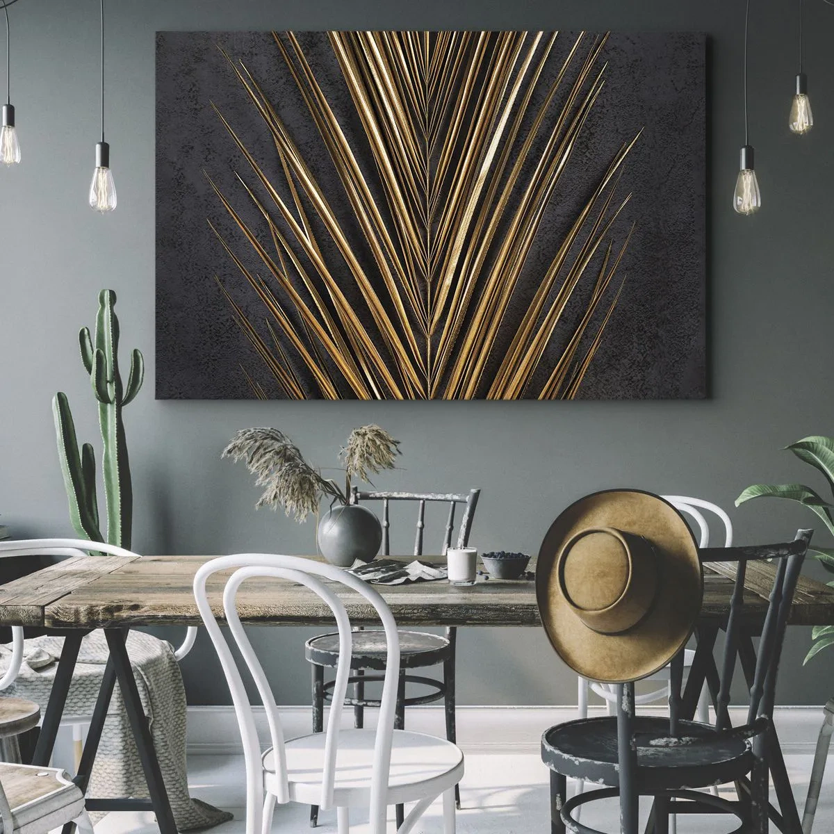 Bild auf Leinwand - Leinwandbild - Goldenes tropisches Blatt auf schwarzem Hintergrund - 70x50cm - Das Gold der Tropen - Moderne Wanddekoration für Wohnzimmer und Schlafzimmer ARTTOR