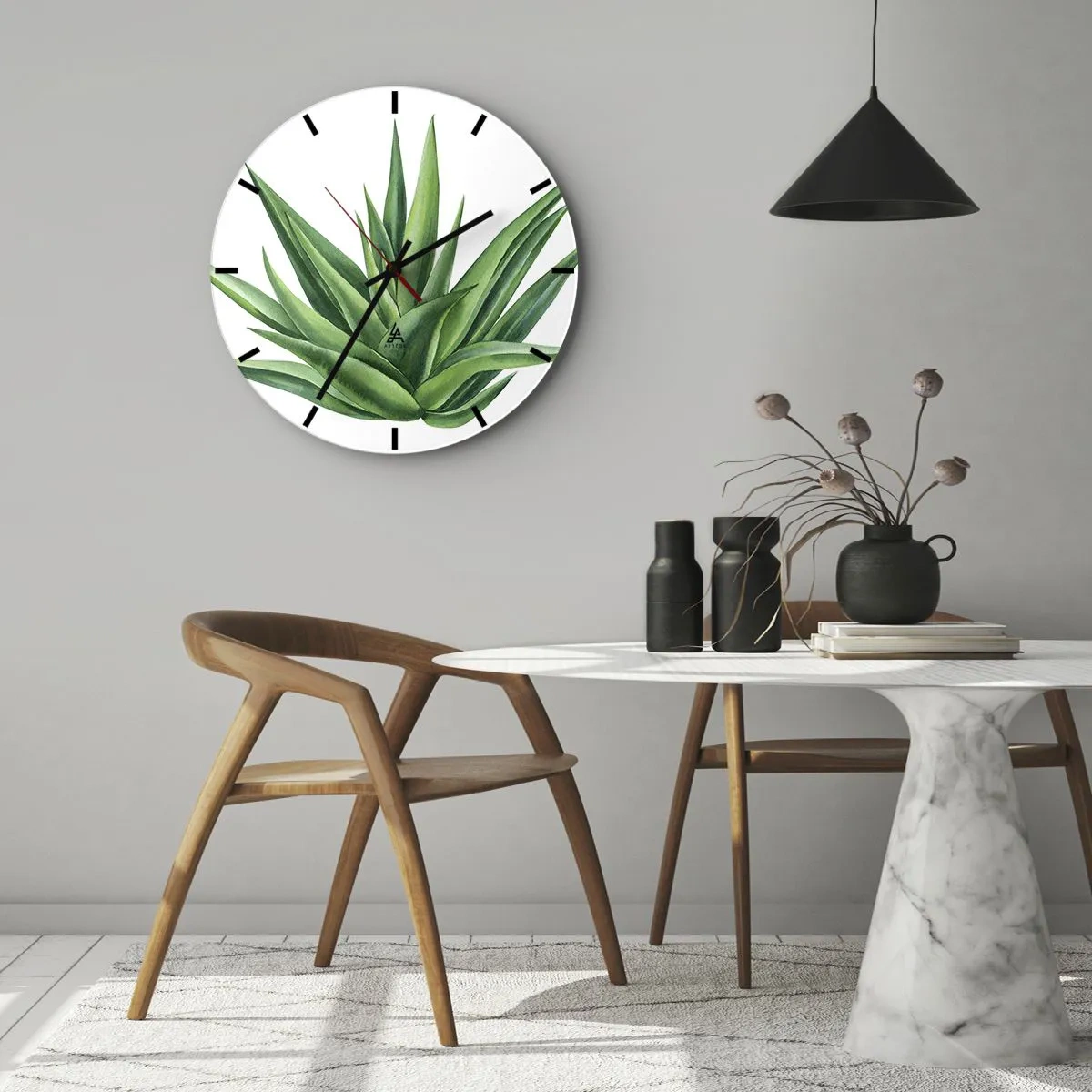 Wanduhr - Glasuhr - Grüne Agave auf weißem Hintergrund im botanischen Stil - 30x30cm - Grün – Kraft – Leben - Moderne Wanddekoration für Wohnzimmer, Küche und Schlafzimmer ARTTOR