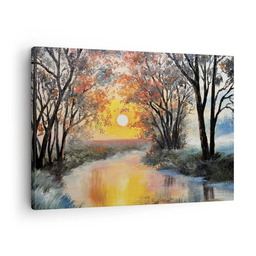 Bild auf Leinwand - Leinwandbild - Sonnenuntergang über dem Fluss in einer Herbstlandschaft - 70x50cm - Herbststimmung - Moderne Wanddekoration für Wohnzimmer und Schlafzimmer ARTTOR