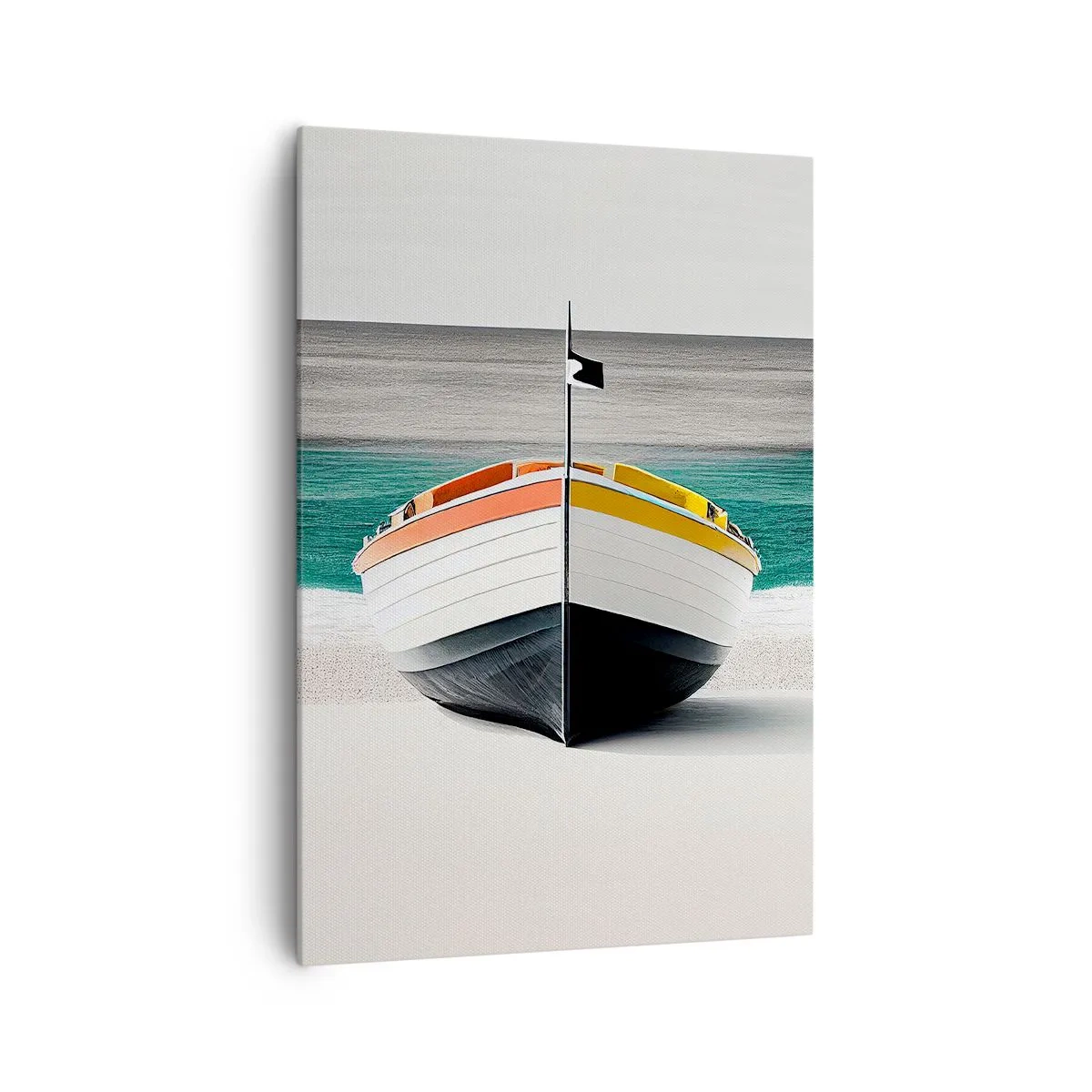 Bild auf Leinwand - Leinwandbild - Ein Boot am Strand mit türkisfarbenem Meer im Hintergrund - 70x100cm - An seinem Platz - Moderne Wanddekoration für Wohnzimmer und Schlafzimmer ARTTOR