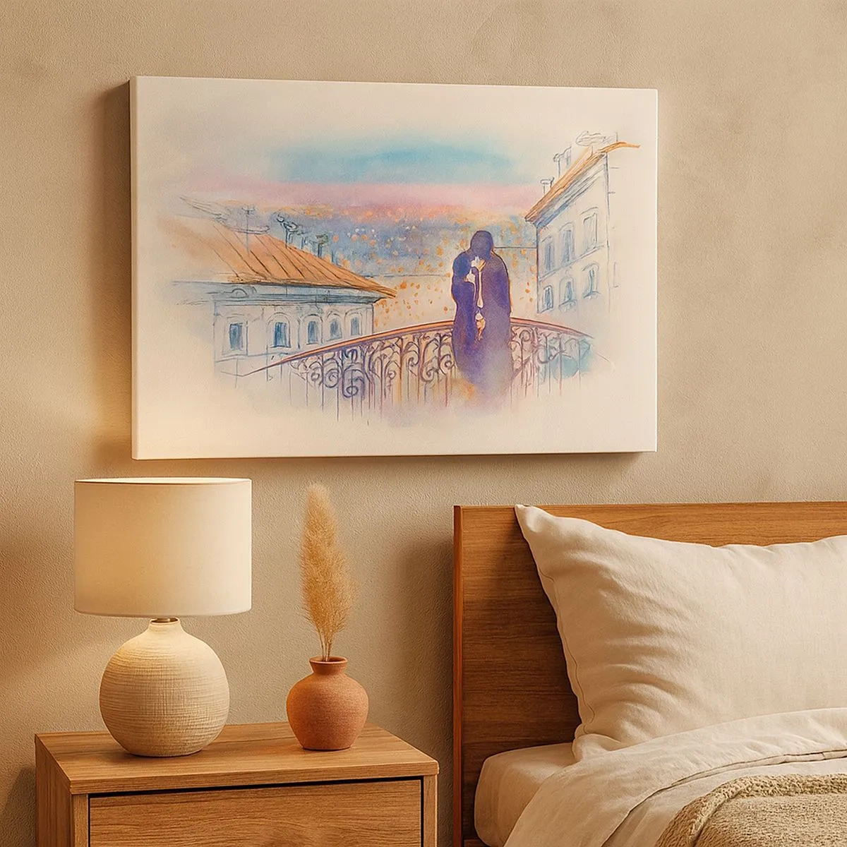 Bild auf Leinwand - Leinwandbild - Romantisches Paar auf einem Balkon mit Blick auf die Stadt - 70x50cm - Paris-Liebhaber - Moderne Wanddekoration für Wohnzimmer und Schlafzimmer ARTTOR